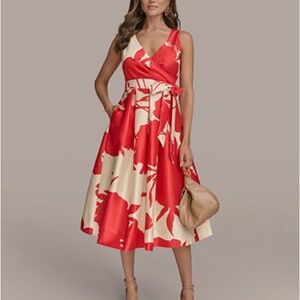 Donna Karan Red and Cream Floral Midi Dress